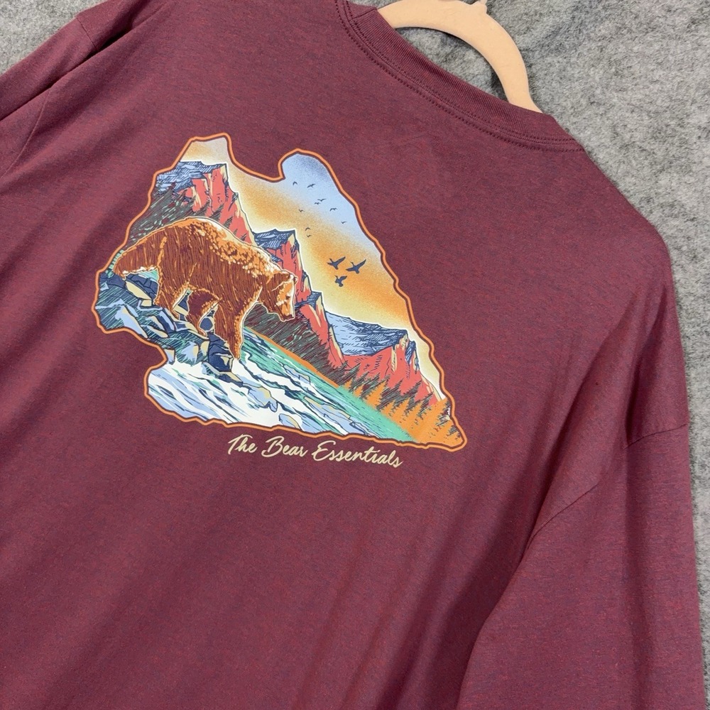 Burlebo T-Shirt Mens Sz L Maroon Bear Mountains Pocket Lightweight Outdoors